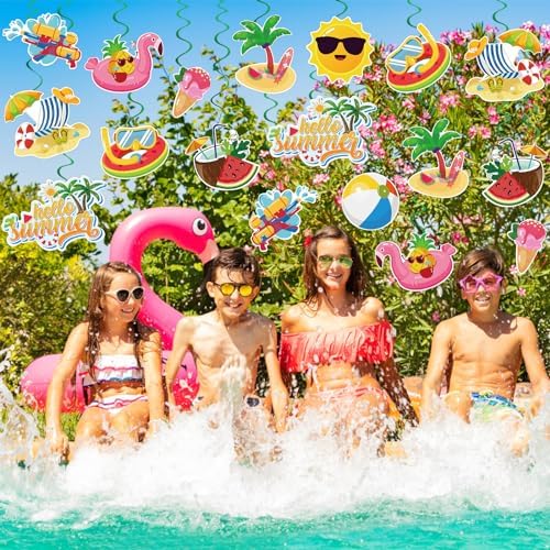 40Pcs Summer Hanging Swirls, Hello Summer Pool Beach Hanging Swirls Summer Hanging Decorations Streamers Foil Ceiling Swirls for Summer Hawaiian Luau Birthday Party Baby Shower Decor