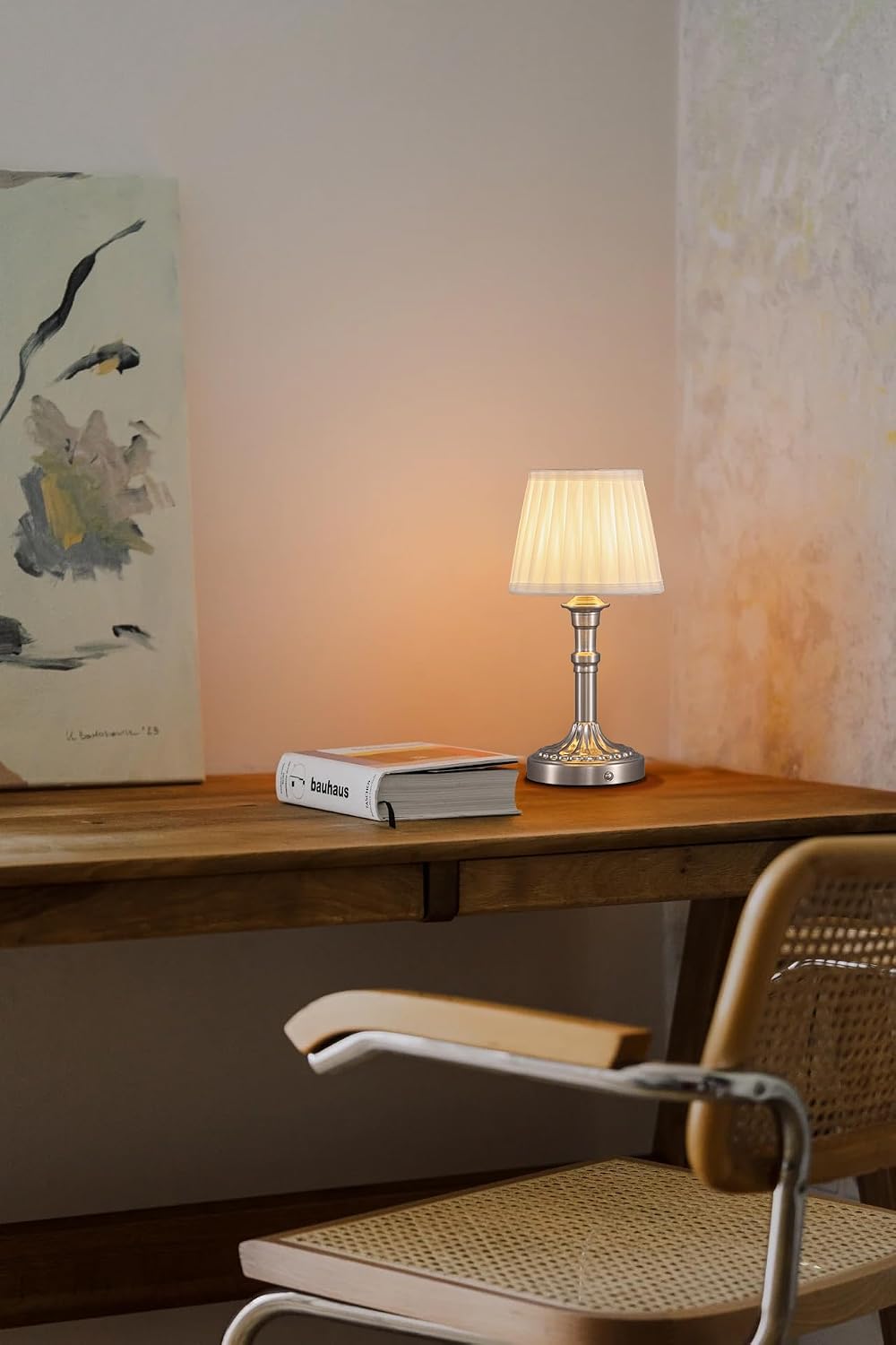 KDG Nickel Cordless Table Lamps Set of 2, Beige Fabric Shade Desk Lamp | Portables 4000mAh Battery Powered, Small LED