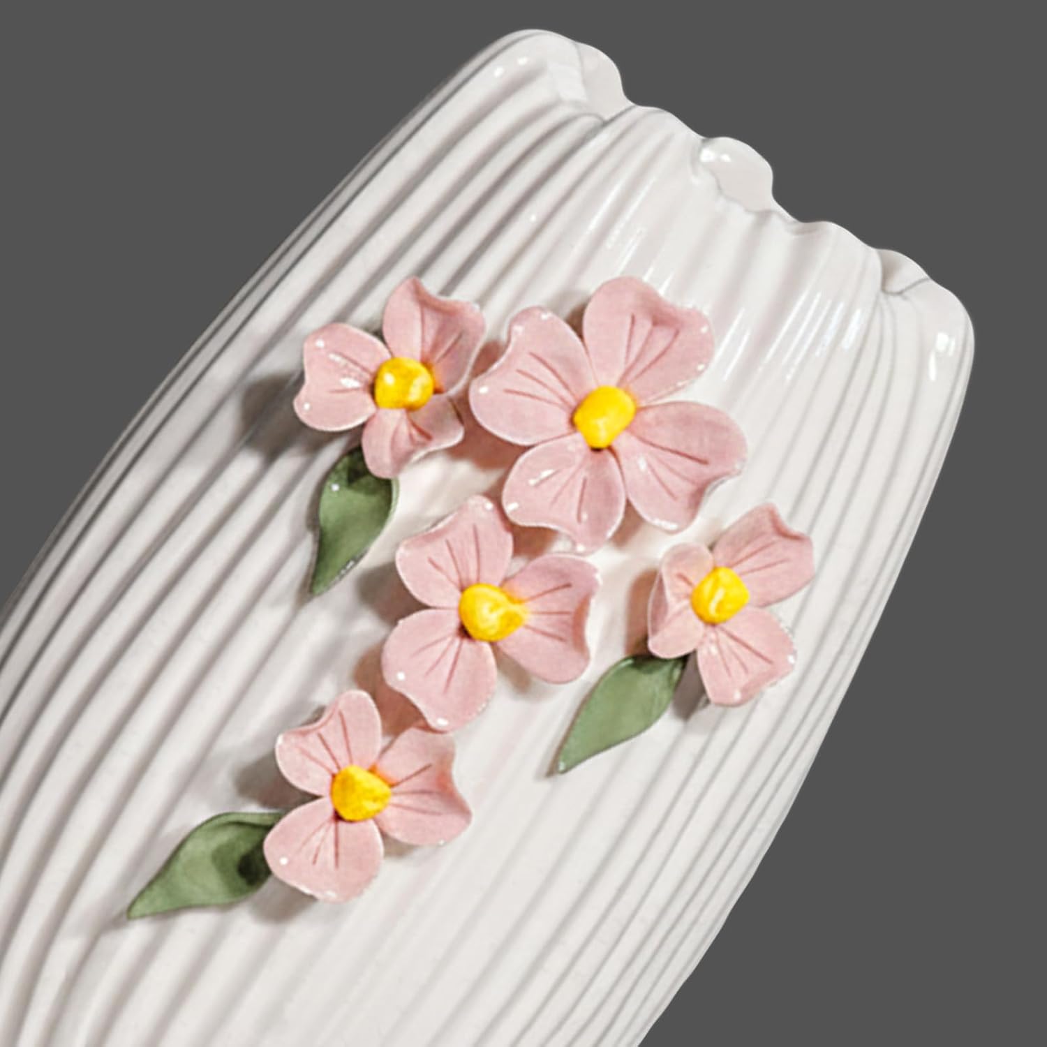 White Ceramic Flower Vase / White and Pink / 7 Inch