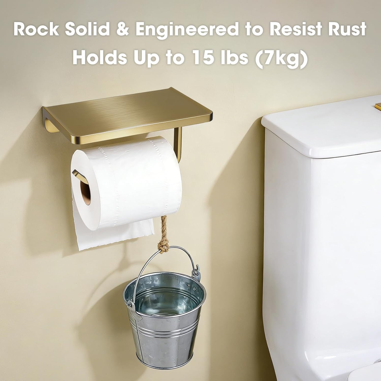 TRUSTMI Toilet Paper Holder with Phone Shelf, Zinc Alloy, Brushed Gold | Solid zinc alloy holder holds 15 lbs and fits