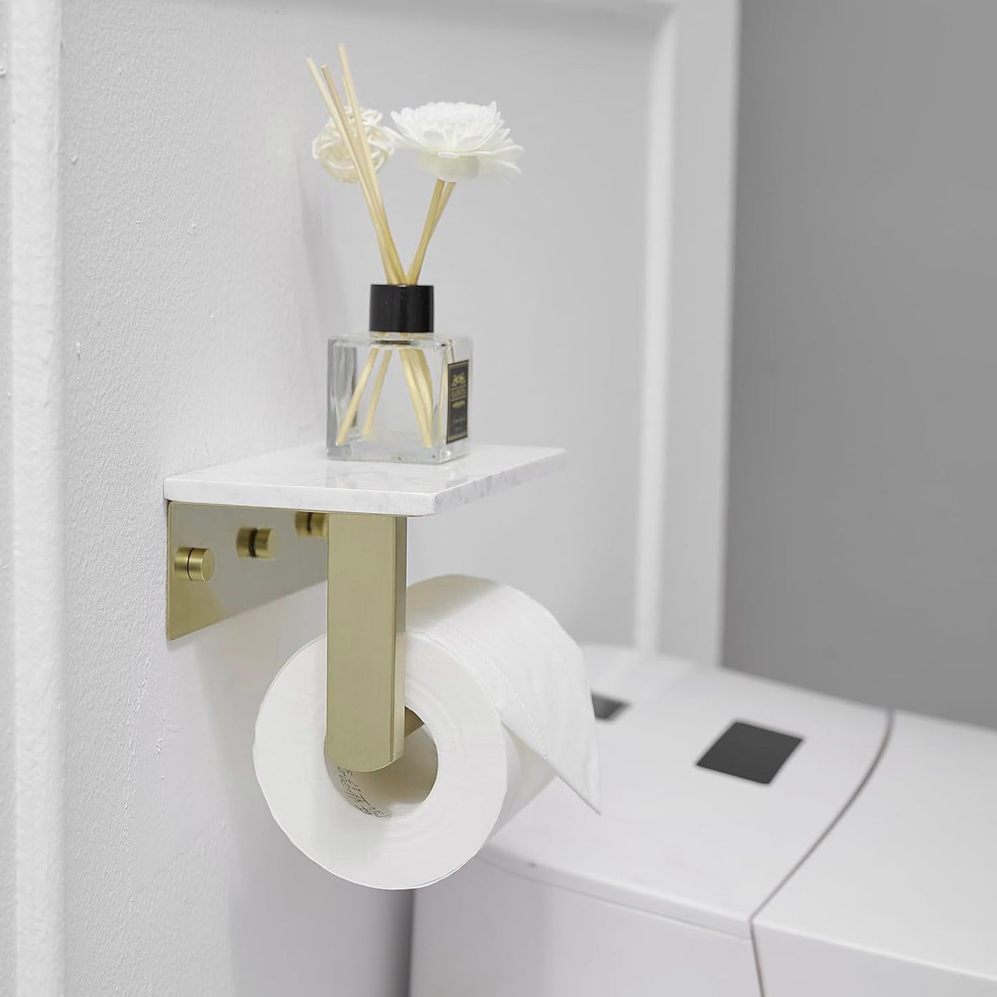 BWE Brushed Gold Toilet Paper Holder with Marble Shelf Wall Mounted | Toilet Paper Roll Holder with Phone Shelf 304