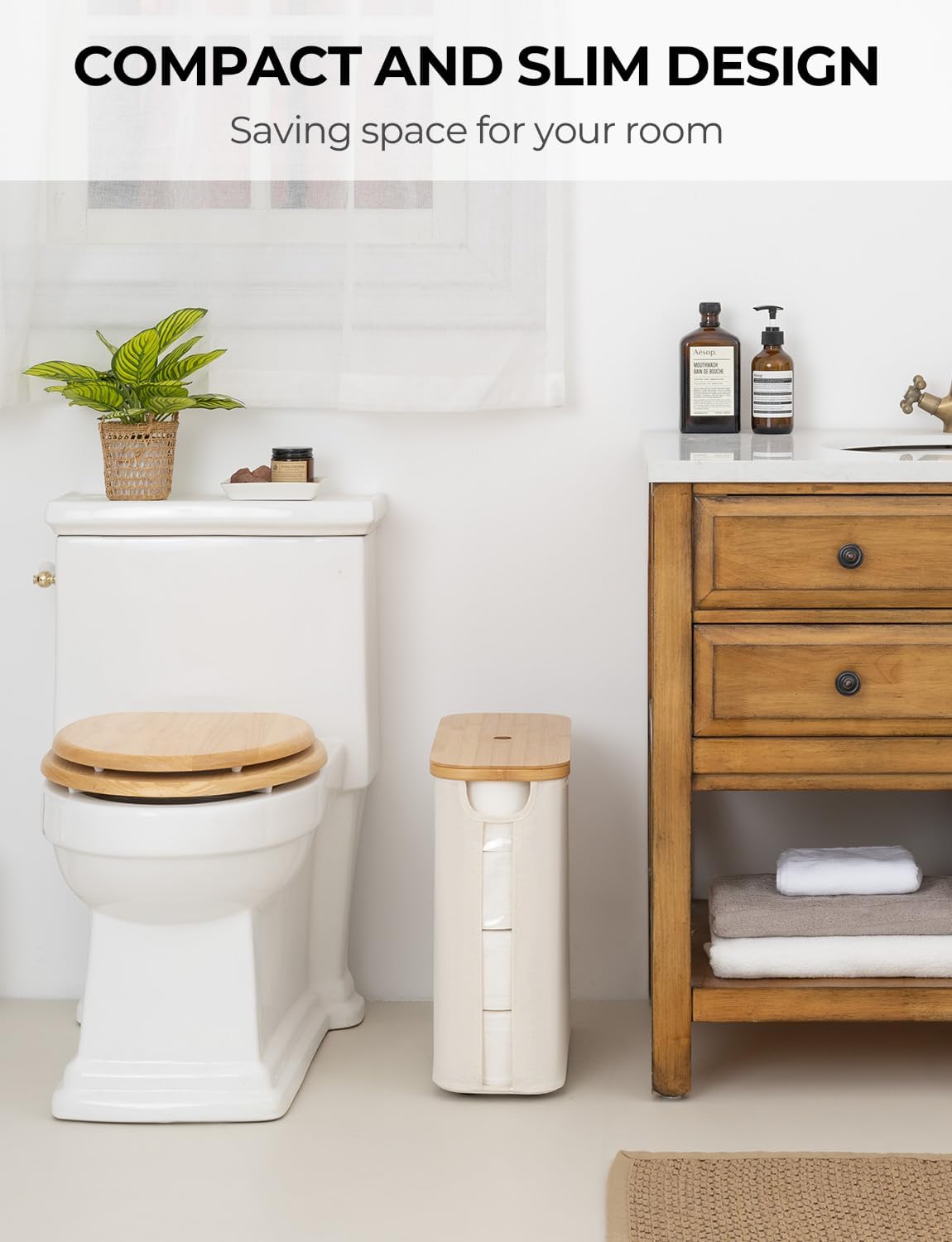 StorageWorks Toilet Paper Storage Basket with Bamboo Lid & Window | See Rolls at a Glance with Clear Window, Holds 16