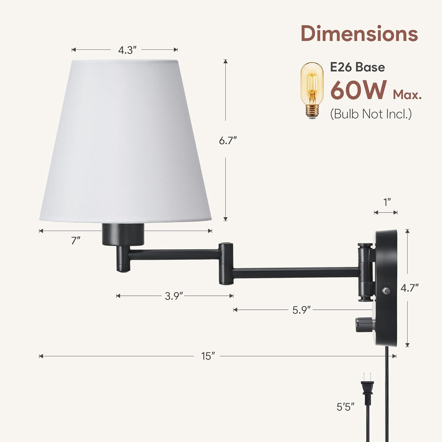 VONLUCE Wall Sconce Set of 2, Plug in & Swing Arm Wall Lamps, Black Finish | Modern Wall Lights with White Fabric