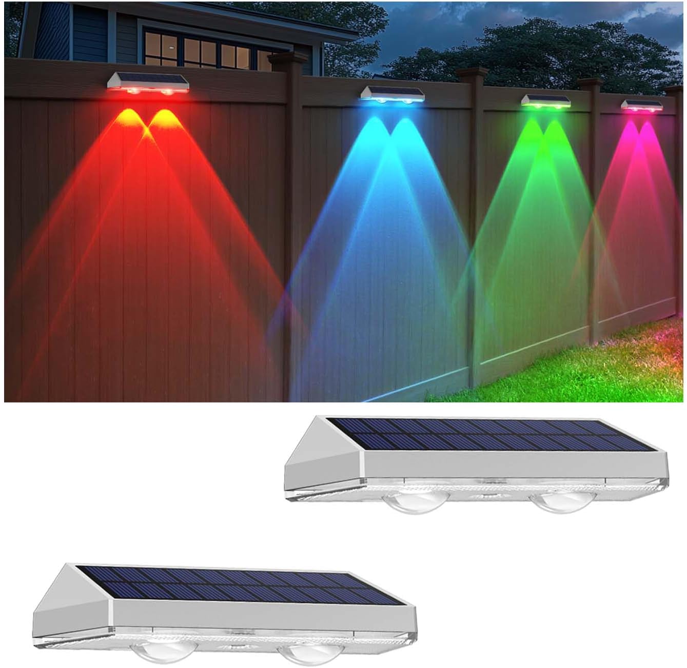 LIANGLOME 2 Pack Solar Fence Lights Outdoor, 2PK Solar Outdoor Light Warm White & RGB Solar Powered Lights for Outside