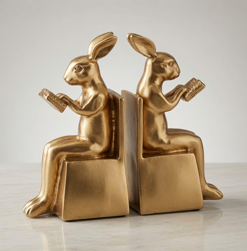 Rabbit Bookends / Studious Reading Bunny Decorative Book Ends / Gold / 7 Inch / Set of 2