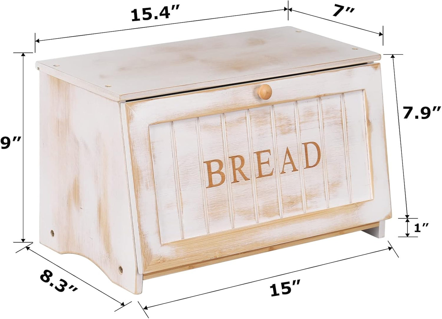 HOMEKOKO Vintage Wood Bread Box for Kitchen Counter, Food Storage Bin,White | Retro Farmhouse Style, Holds 2 Loaves