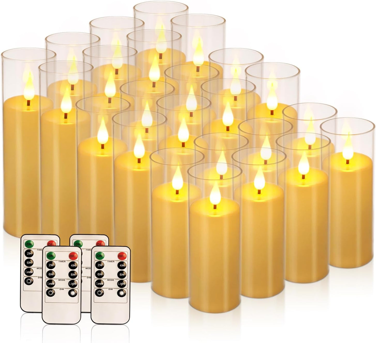 24-Pack LED Flameless Candles(14/16/18cm) with 4 Timers Remote - 3D Flickering Flame, Clear, Perfect Decor for Home &