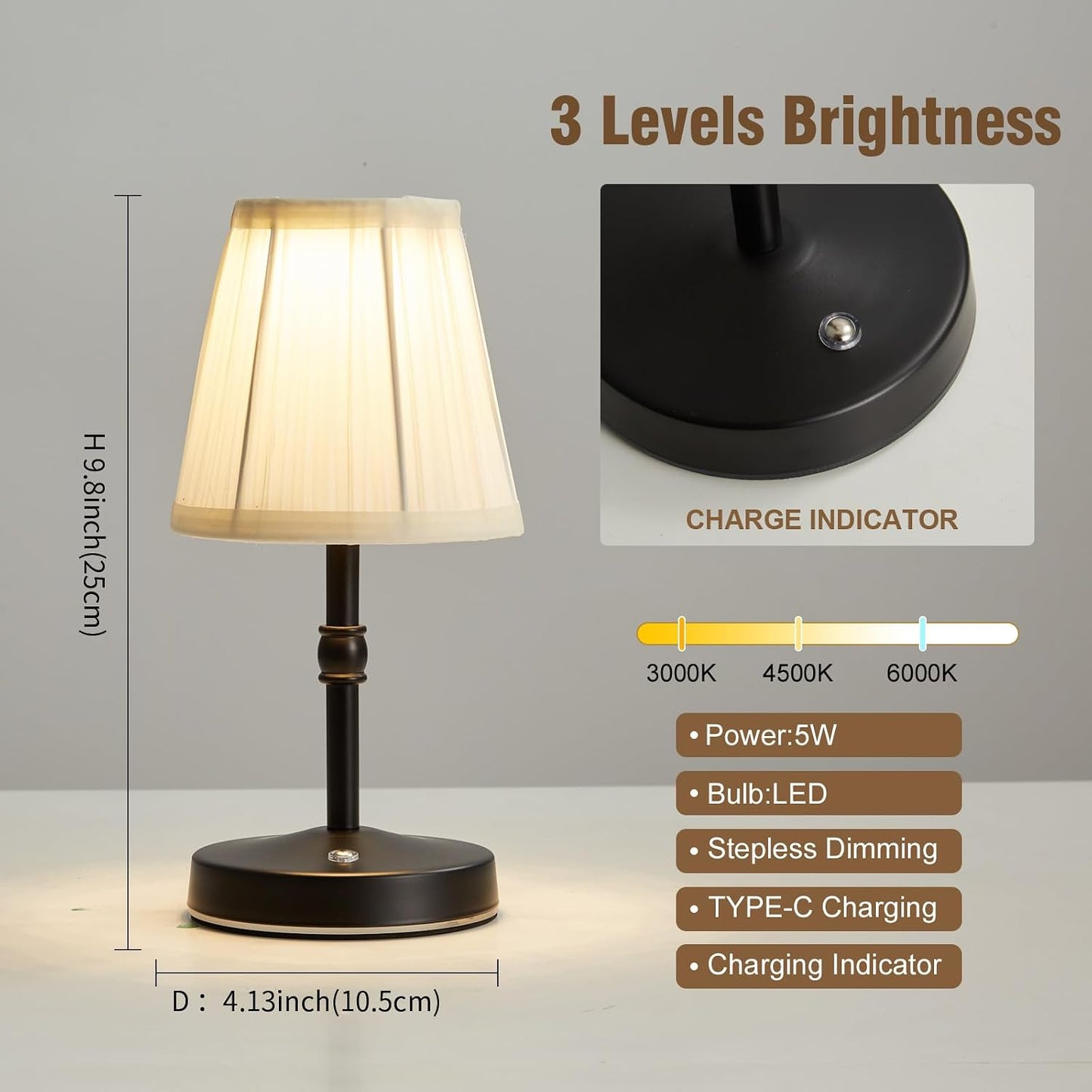 5W LED Cordless Mini Lamp,3000 mah Battery Operated Lamps,3 Color Temperature Dimmable Table Light,Small Rechargeable