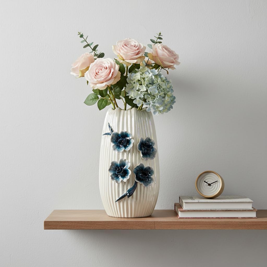 Boho Ceramic Vase / White and Dark Blue / 9 Inch
