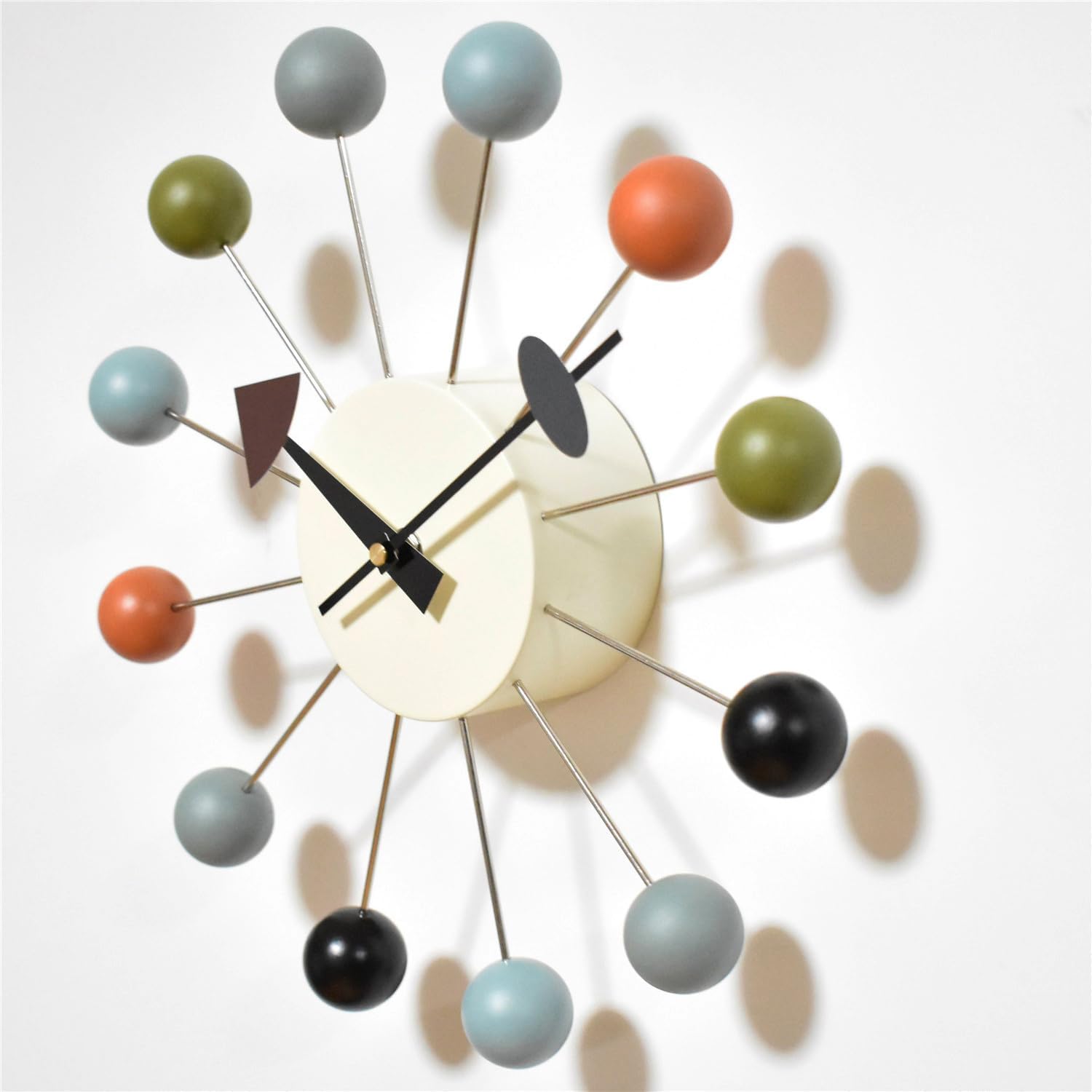 Wood Ball Wall Clock 13 Inch, Mid Century Modern | Battery Operated, Silent Non-Ticking, POP Color, Metal Frame, Decor