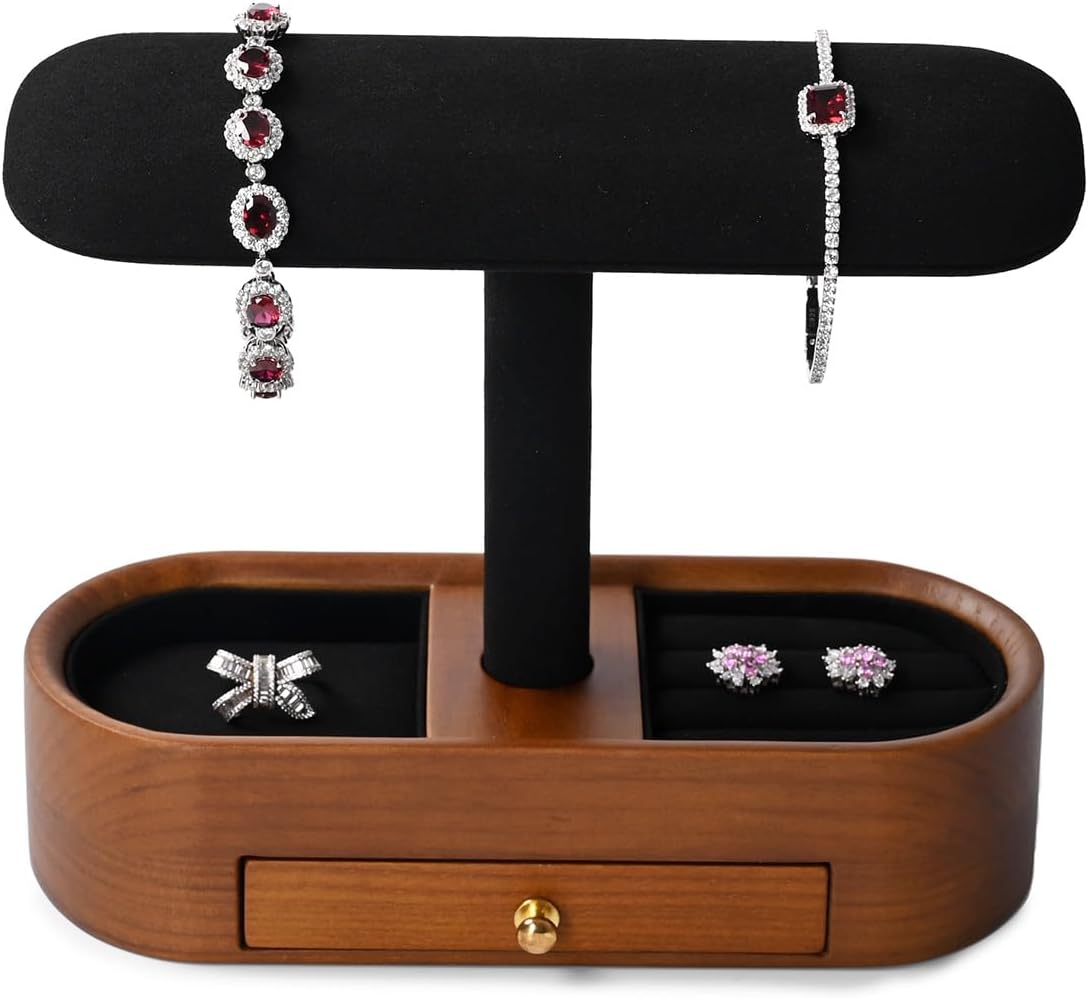 Oirlv Solid Wood Watch Stand with Drawer T-bar Watch Holder Organizer for Men and Women Showcase Bracelet Bangle