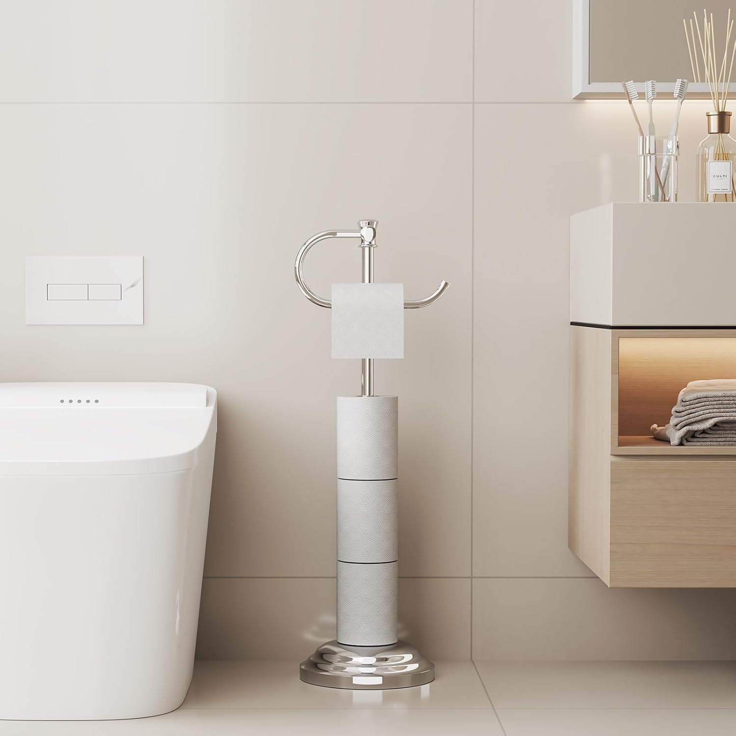 Toilet Paper Holder Floor Stand, Bathroom Freestanding Chrome | Toilet Tissue Roll Holder, Free Standing Rack with