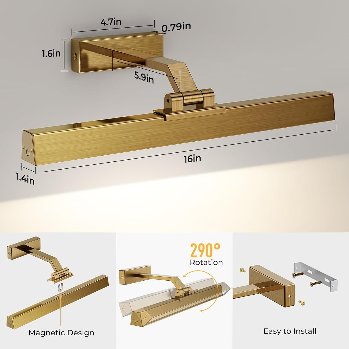 Picture Lights for Wall, Brass Battery Operated Picture Light 16in Art Light CCT Dimmable Recharging Battery Wall Light