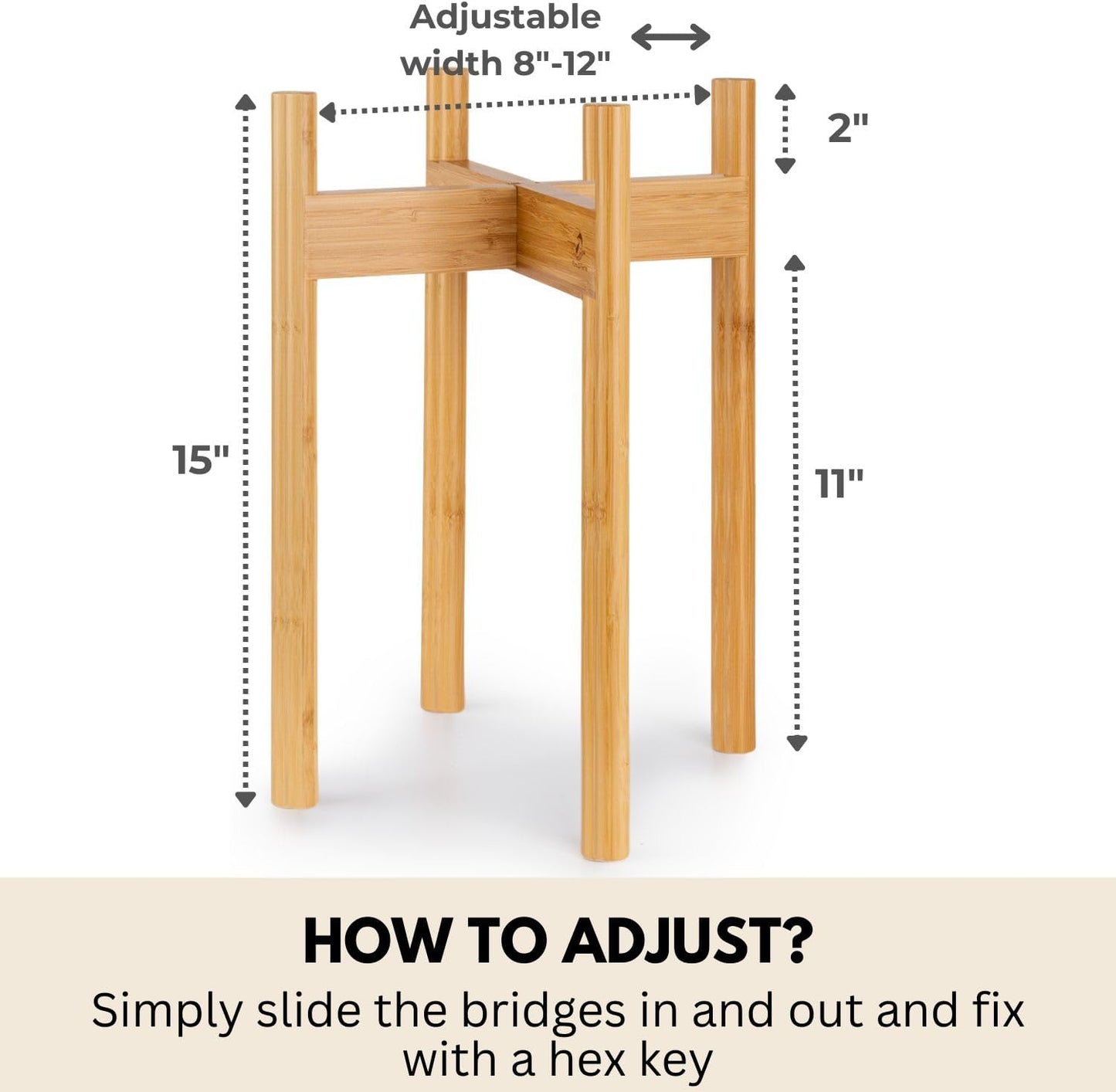 Fox & Fern Large Adjustable Plant Stand Indoor, Bamboo Stand, 8 - 12 Inch | Plug In Design, Holds 200 lbs, Two Heights