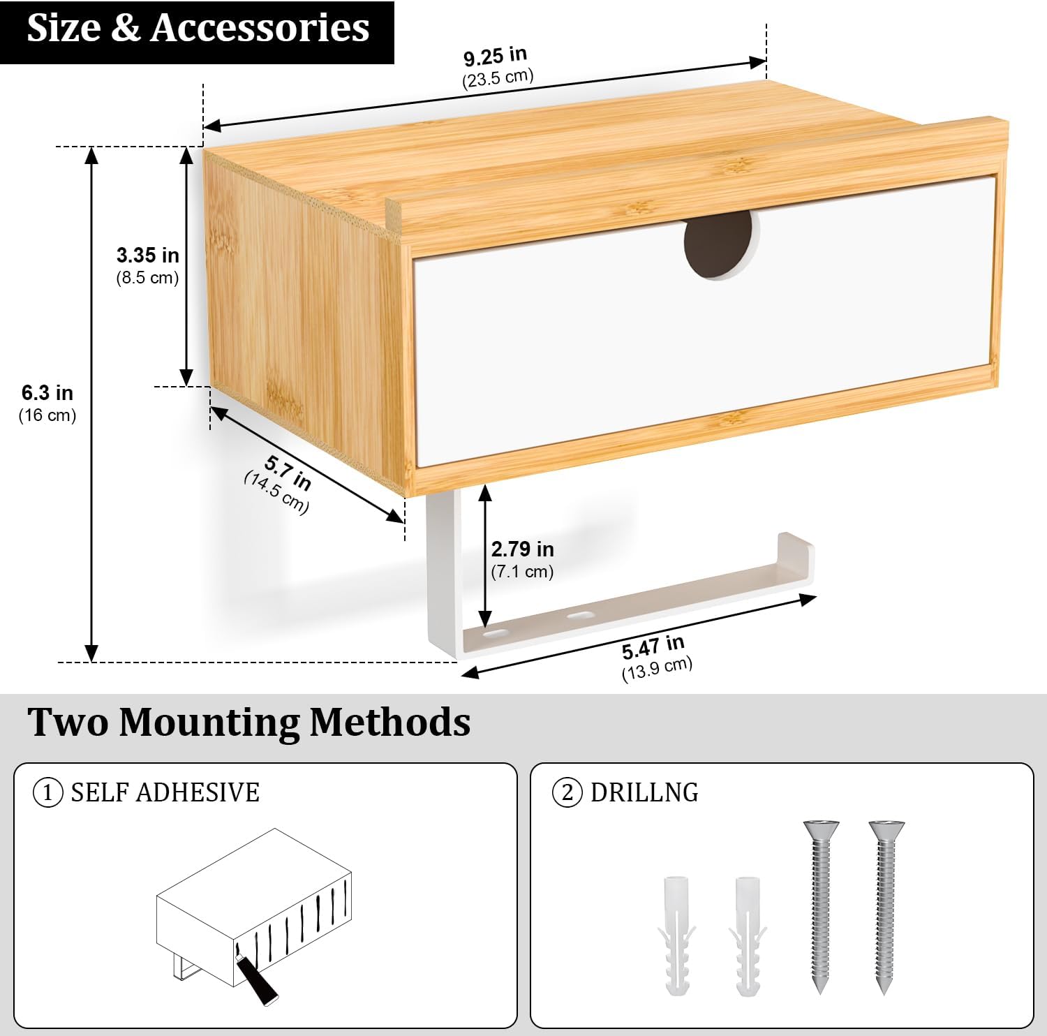 Domax Toilet Paper Holder with Shelf,Wall Mount/Adhesive Bathroom Toilet Paper Holder,Bamboo Wood Tissue Toilet Roll
