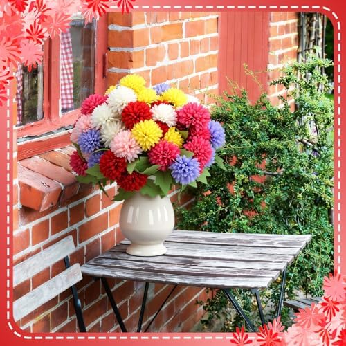 XunYee 12 Pcs Fall Artificial Flowers for Outdoor Faux Mums,Vivid Color