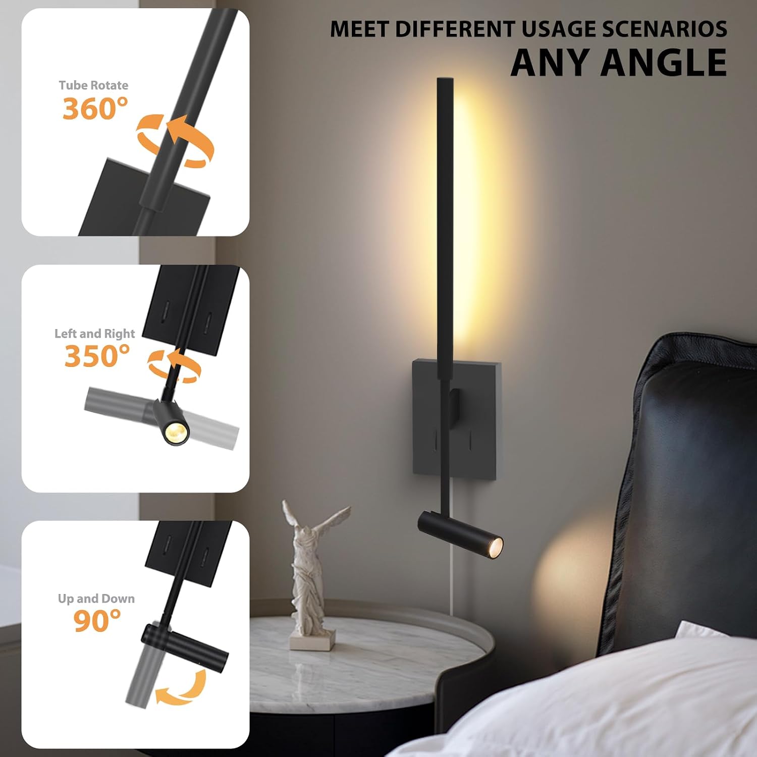 ZEROUNO Modern Plug in Wall Sconce Indoor Wall Light, Minimalist LED Line Wall Lamp with Switch, Adjustable Matte Black