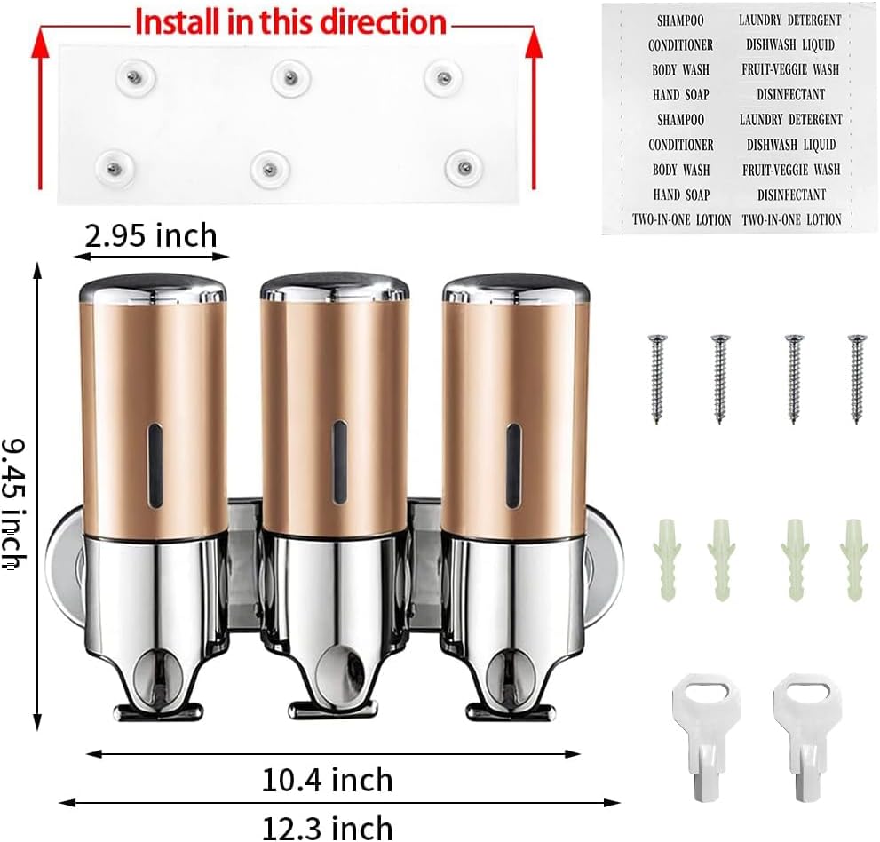3 in 1 Chamber Wall Mounted Shampoo and Conditioner Dispenser (Gold) | No Drill Shower Soap Dispenser for Bathroom &