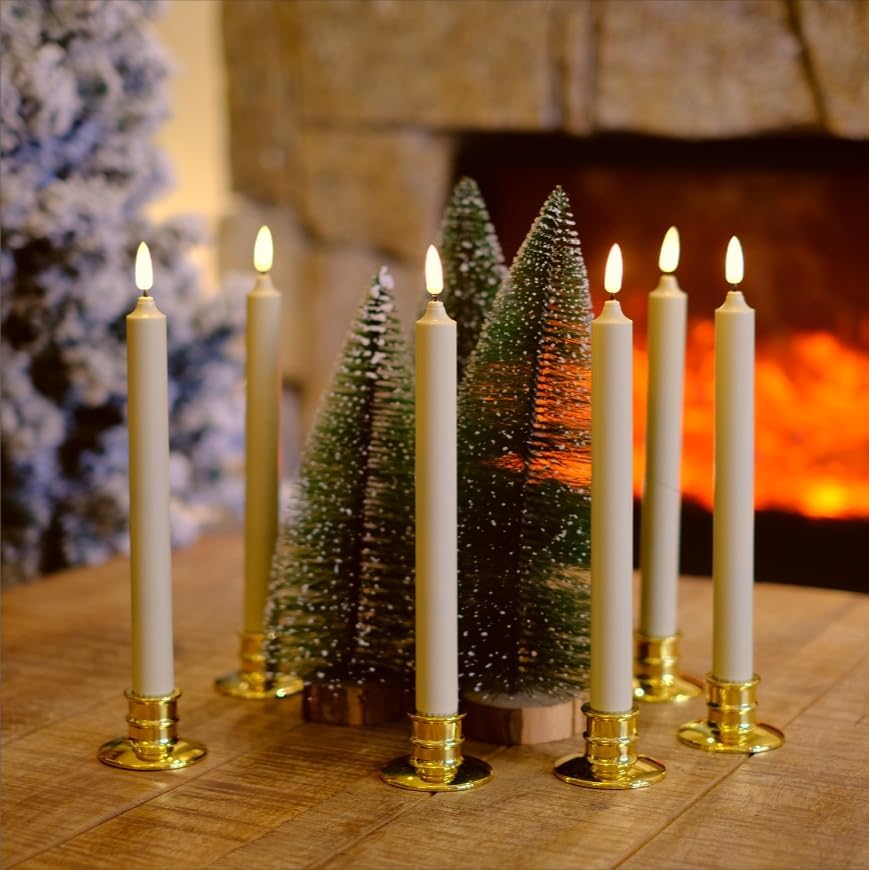 6 Pack Windows Candles with 12 AA Batteries(Include, Run More Than 400 Hours) + 6 Golden Removable Candlesticks + 6