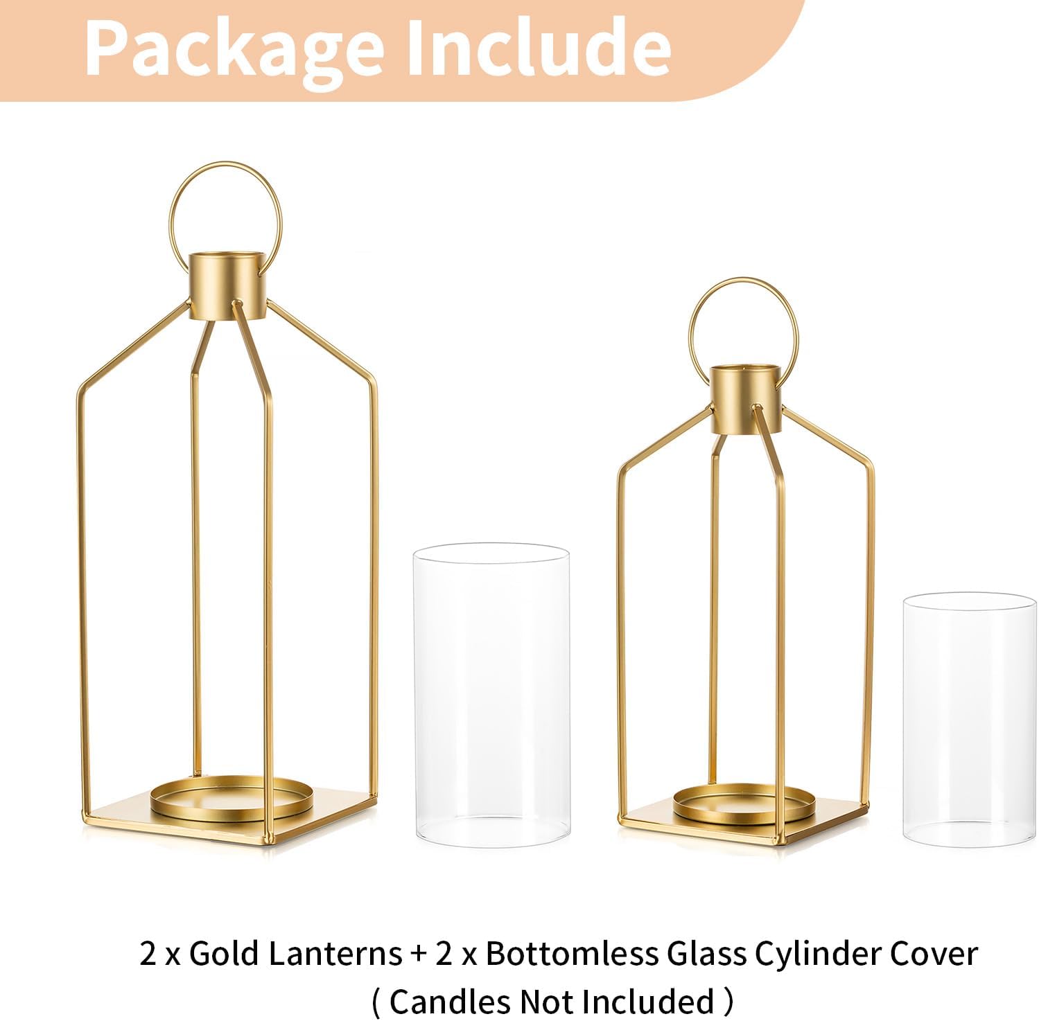 NUPTIO Gold Lanterns Decorative Indoor: Hanging Candle Lantern for Pillars | Hurricane Glass Lantern Set of 2for