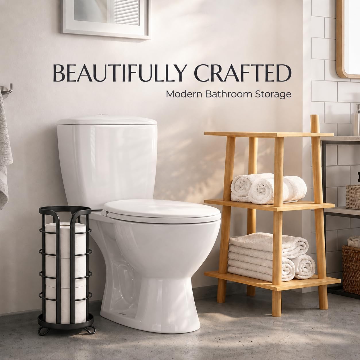 BROOKSTONE Toilet Paper Holder Stand Reserve - Free Standing Toilet Paper Stand with Storage that Holds Mega Rolls