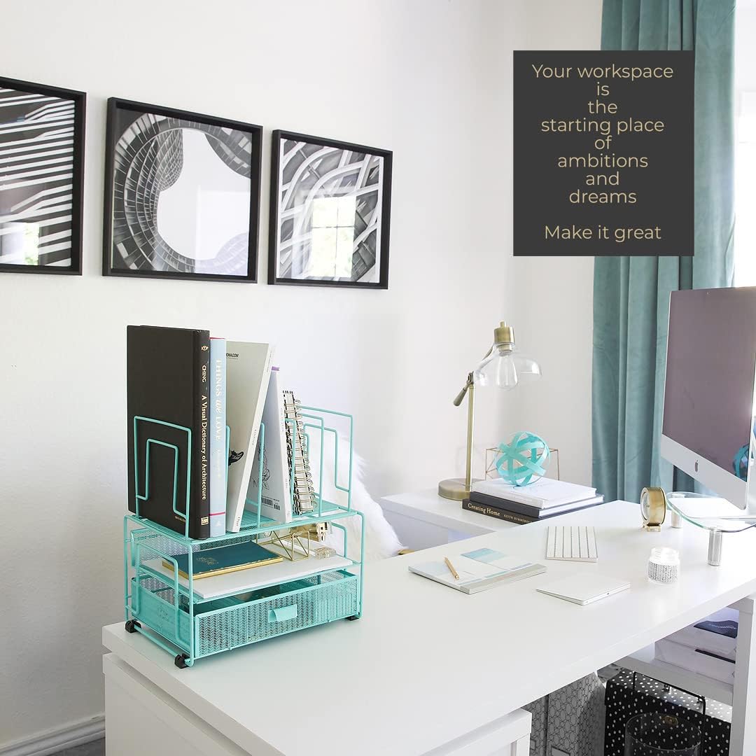 BLU MONACO Mint Green Desk Organizer With File Sorters and Drawer | Metal Mesh Desktop Storage for Office Supplies