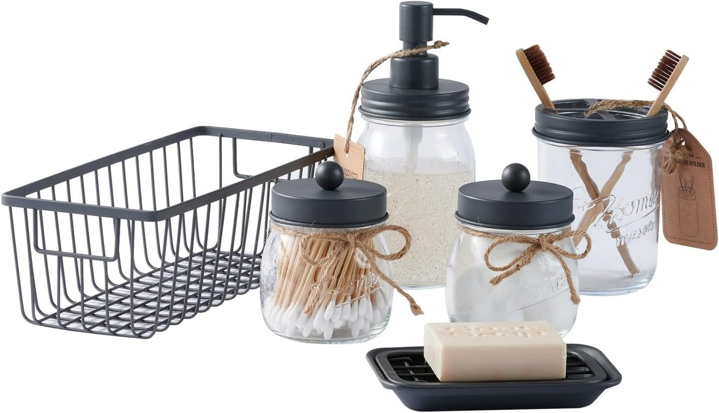 SheeChung Mason Jar Bathroom Accessories Set, 6Pcs Rustic Bathroom Set,Grey | Glass Bathroom Accessory Set, Soap