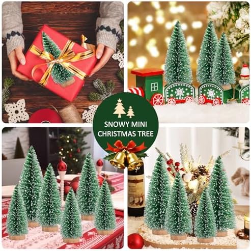 9 Pcs Mini Christmas Tree, Tabletop Christmas Tree with Wooden Bases Artificial Mini Tree with 3 Sizes Christmas Table Decor Bottle Brush Trees for Christmas Decorations (Green Snow)