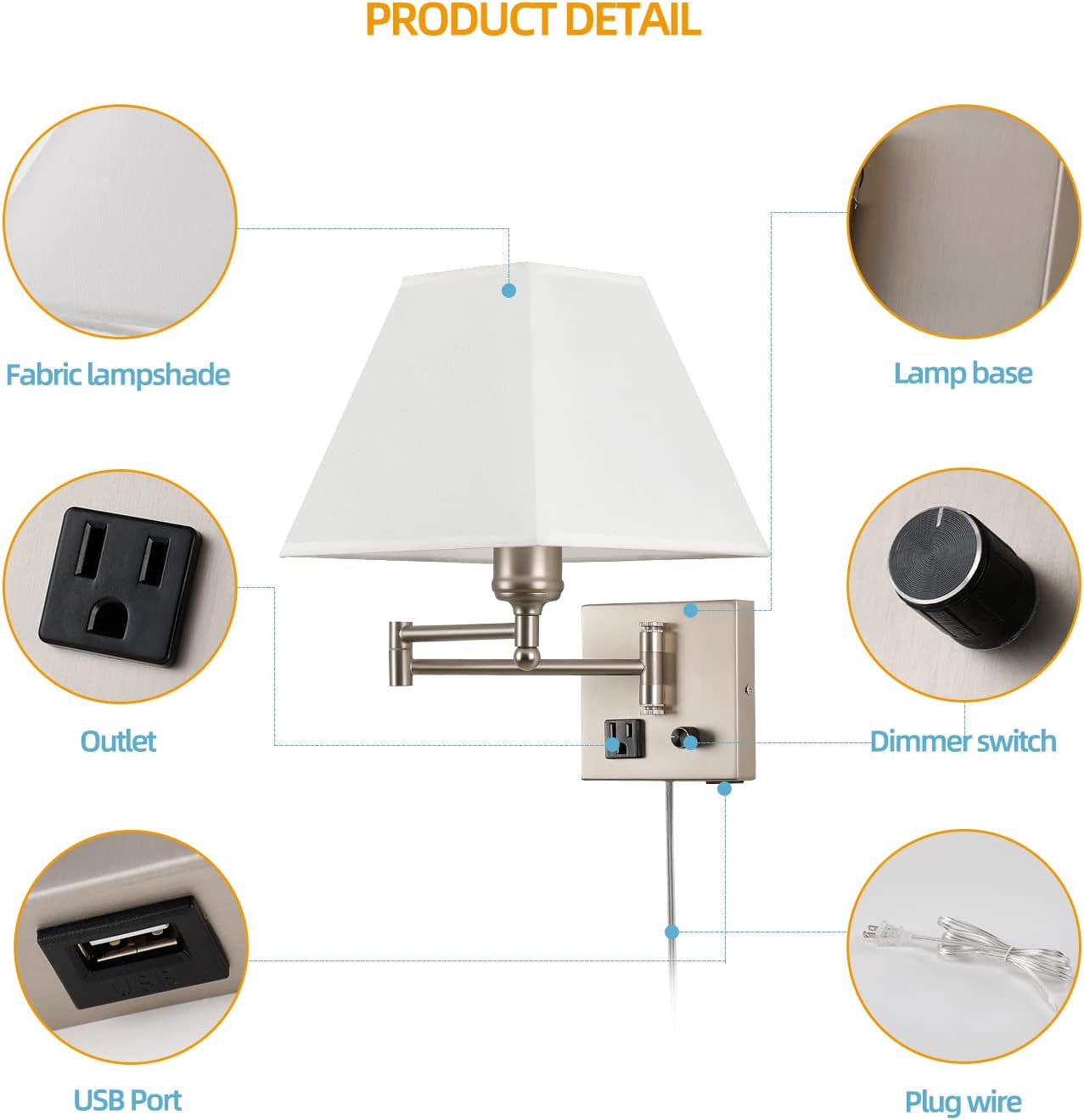 Plug in Wall Light,Swing Arm Wall Sconces with USB Port and Outlet,Wall Lamp with White Fabric Shade Dimmable Switch