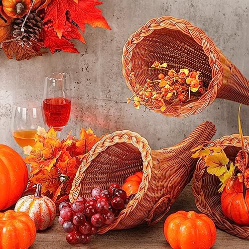 Dandat 1 Pcs Fall Cornucopia Basket Centerpiece 13.78 Inch, Imitation Vine