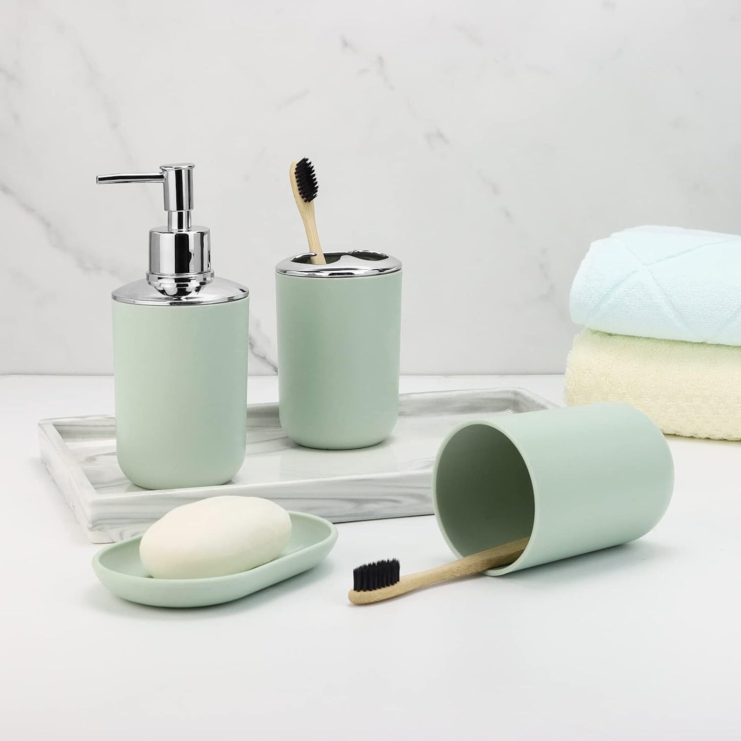 IMAVO Bathroom Accessories Set,Green Bathroom Set,7 Pieces Bathroom Accessory Set,Tray,Toilet Brush,Trash Can for