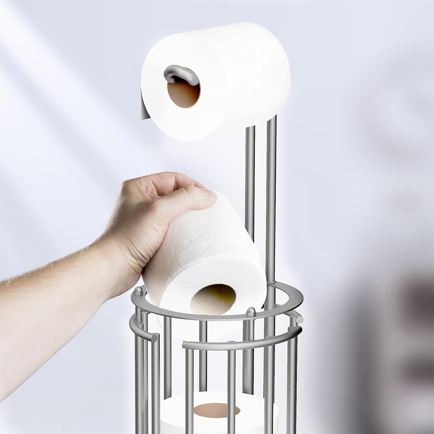 Meangood Toilet Paper Holder Stand and Tissue Paper Roll Dispenser for 4 Mega Rolls, Bathroom Free Standing Tissue Roll