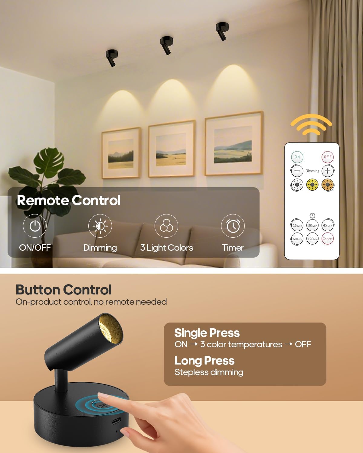 Spotlights Indoor with Remote, 3000Mah Rechargeable Wireless Plant Light | Up Lights with 3 Colors & Dimmer, Small LED