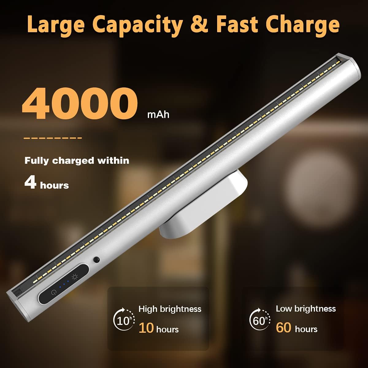 Rechargeable Magnetic LED Light Bar, 4000mAh Wireless Closet Light | Under Cabinet Lighting, Battery Powered Operated