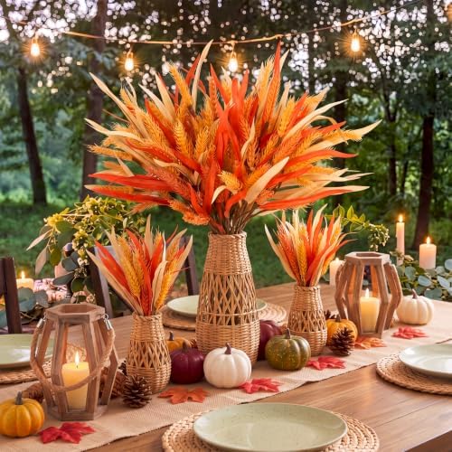Suncalla 20 Pcs 13.8" Fall Artificial Wheat Stems, Golden Orange