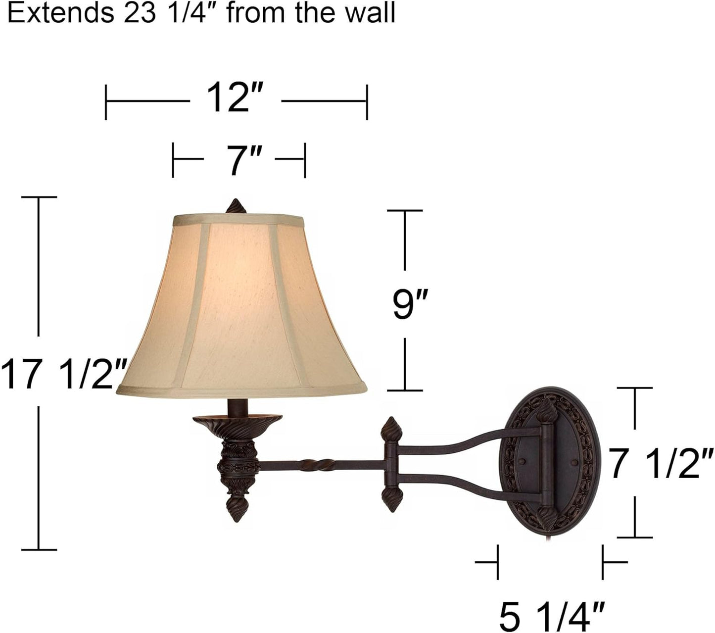 Godia Bronze Oval Plug-In Swing Arm Country Wall Lamp Light Fixture | French Indoor Dimmable Beige Softback Bell Shade
