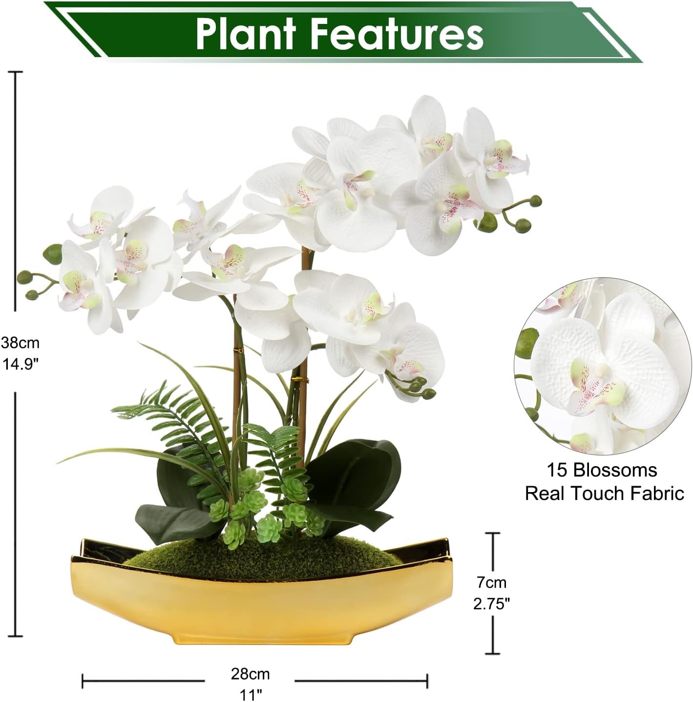 Gold Pots Real Touch Faux Orchid Flower / White