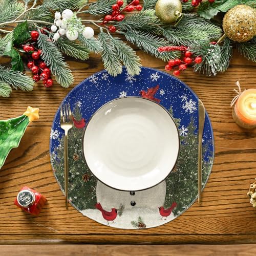 Artoid Mode Snowman Trees Snowflakes Blue Christmas Round Placemats Set of 4, 14 Inch Winter Round Table Mats for Dining Decoration