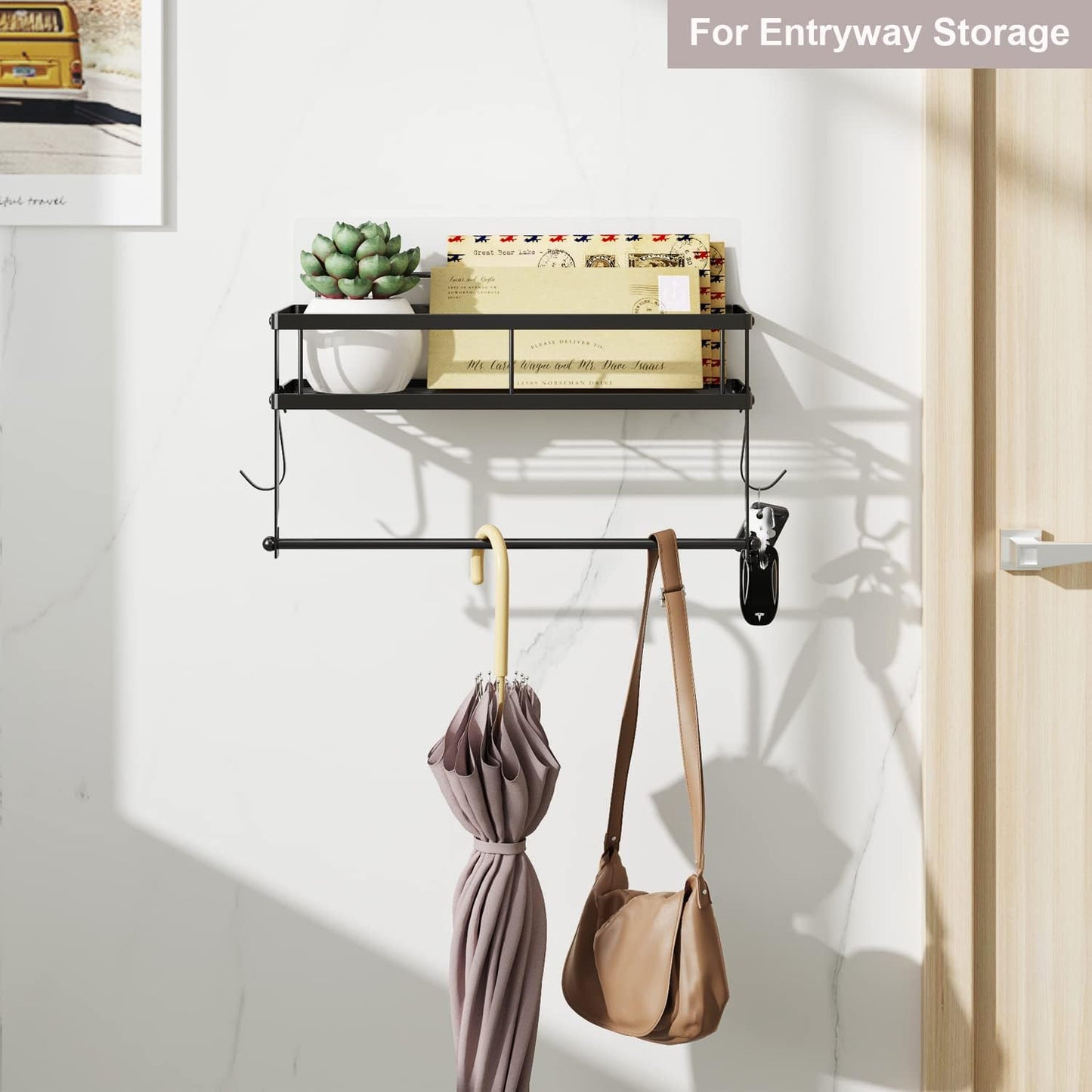 Paper Towel Holder Wall Mount with Shelf, Adhesive, Matte Black Metal | Stainless steel 2in1 holder shelf fits large