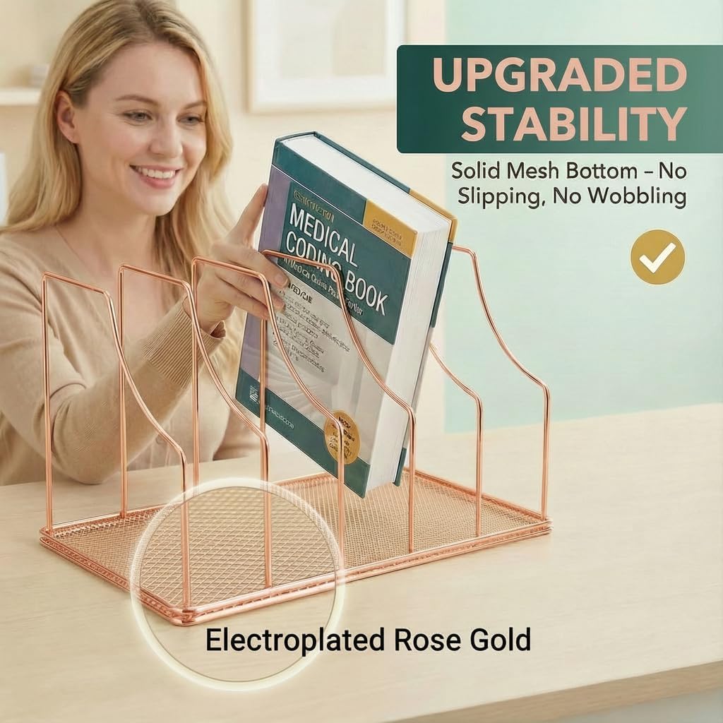 Rose Gold Binder Organizer for Desk, 5 Slot Metal Wire Vertical File Sorter with Mesh Bottom, Desktop Magazine Holder