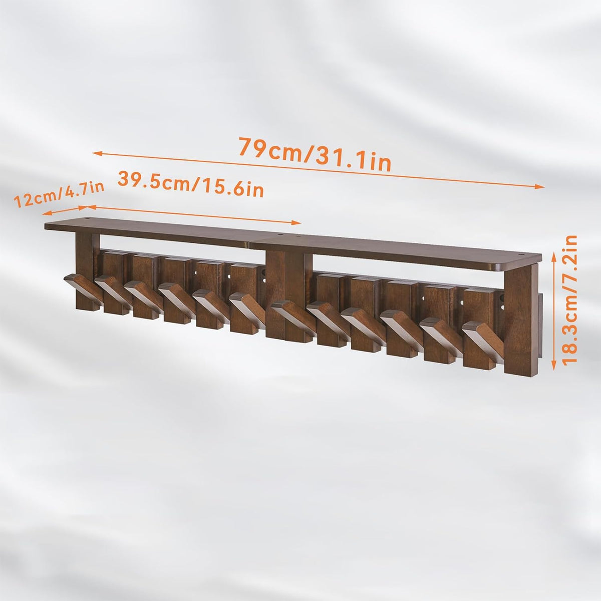 Piano Key Coat Rack Wall Mount with Shelf and 12 Hooks, Walnut HWS008H-2 | Solid Wood Wall Mounted Coat Rack with
