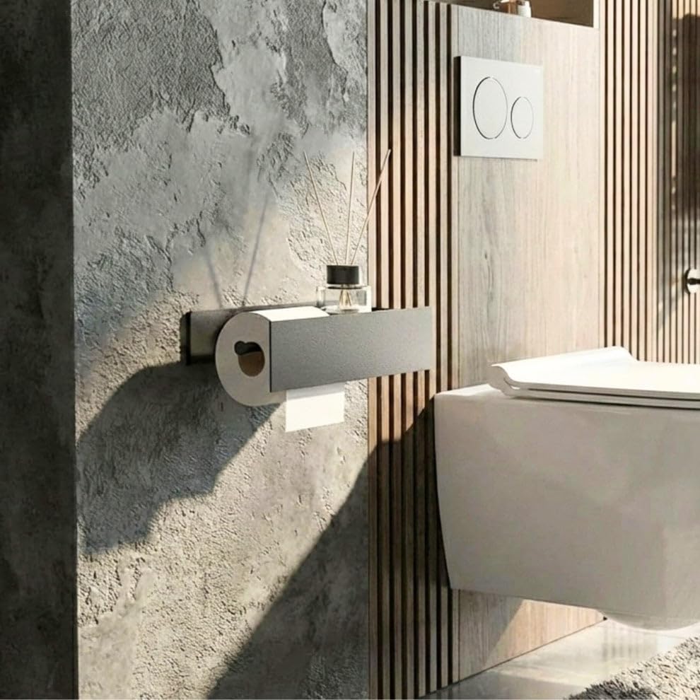 GRANDMIX Wall Mounted Toilet Paper Holder with Shelf – Modern Matte Black Metal Bathroom Tissue Roll Holder with