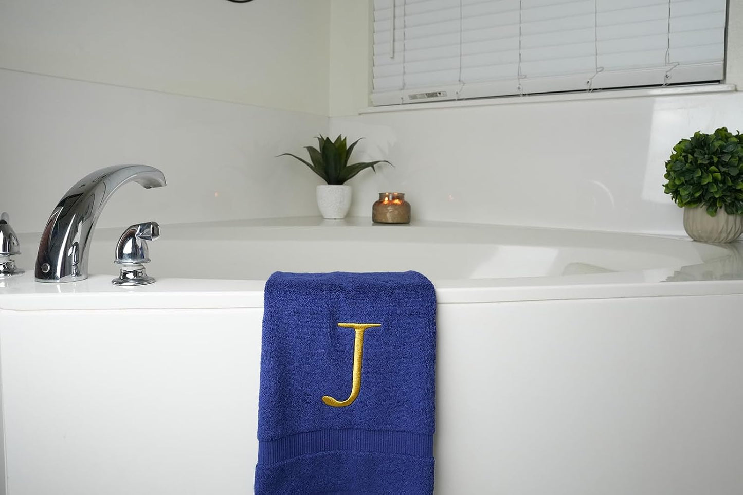 Navy with Gold Monogrammed Hand Towels for Bathroom - Set of 2 Letter J | Luxury Hotel Quality Initial Towels For