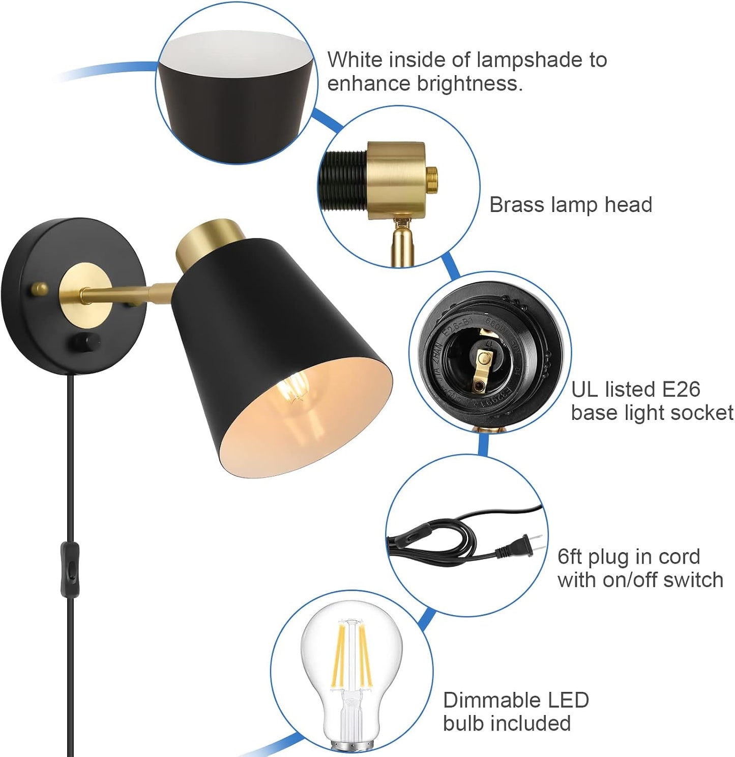 VATONI Plug in Wall Sconce, Dimmable Wall Sconce Adjustable Wall Lights with Plug in Cord and Dimmer On/Off Rotary