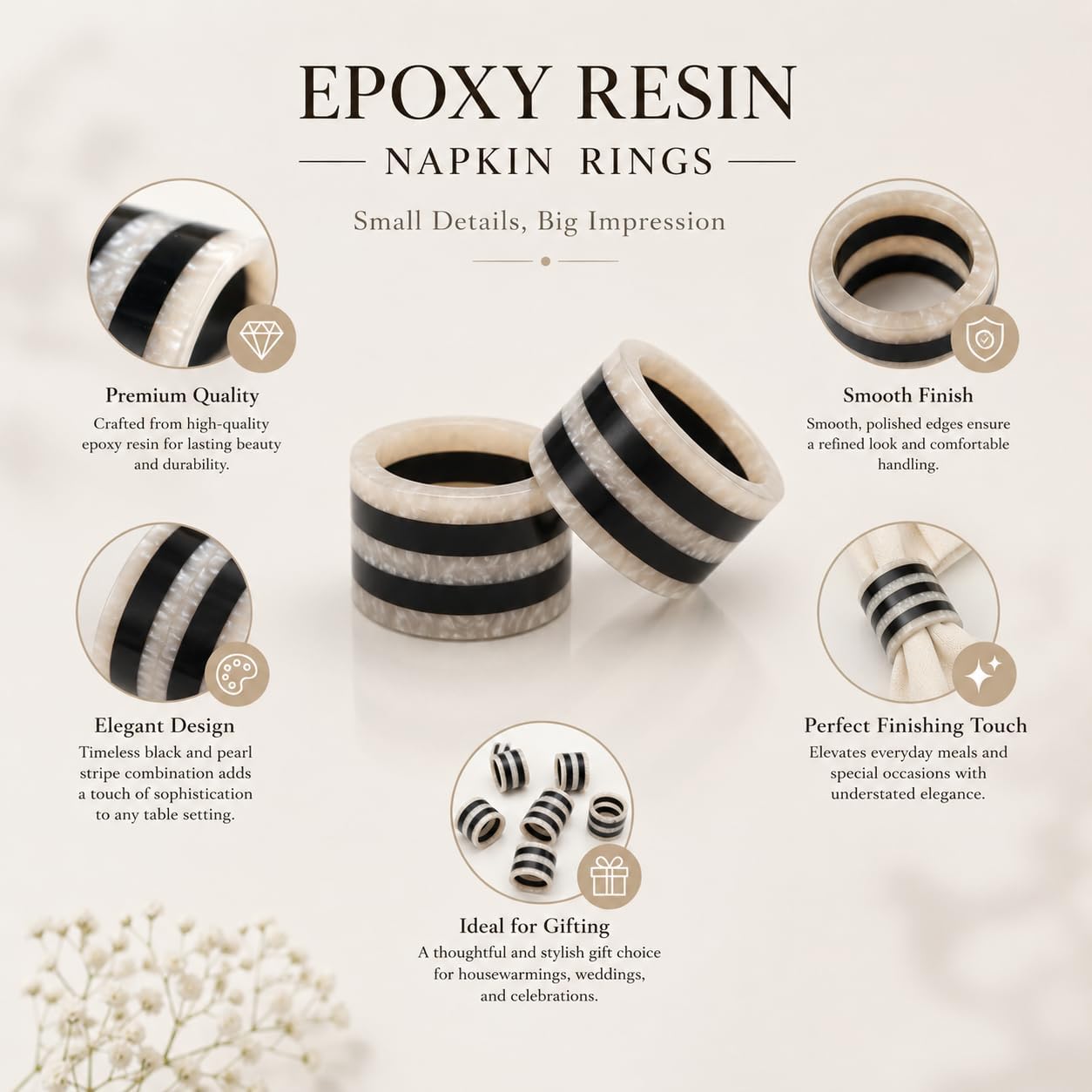 Epoxy Resin Napkin Rings, Set of 12, Black & White | Premium resin, 2x2x1.25 in each, rust-resistant, lightweight