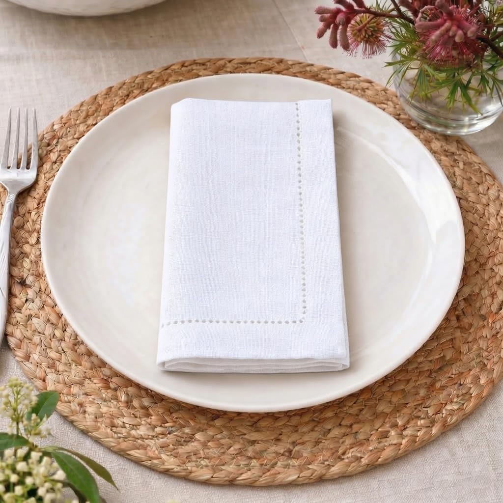 Plisa White Cotton Cloth Dinner Napkins Set of 12, 18x18 Inch | Hemstitched 100% Cotton Fabric Napkins - Soft &
