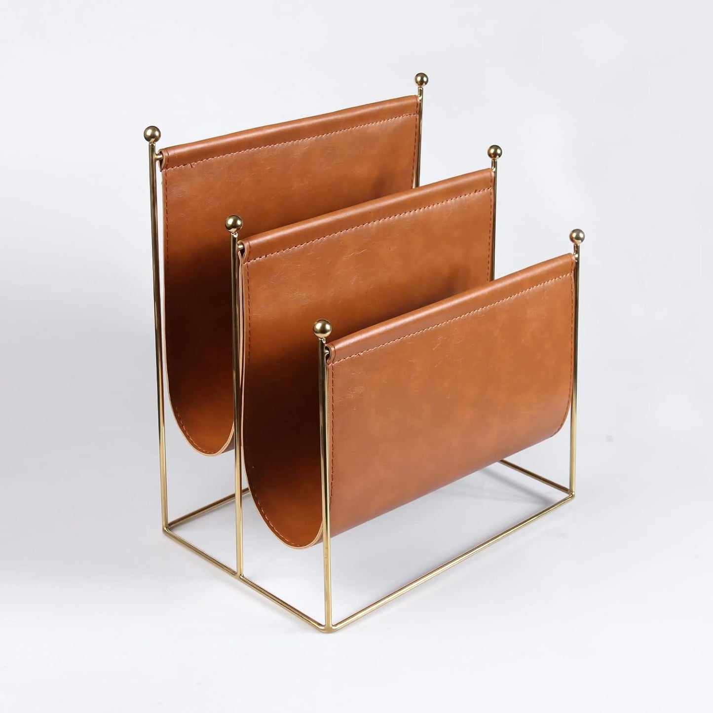 Plated Metal Wire and Leatherette Magazine Holder Rack, 2-Slot Standing Rack for Magazines, Books, Newspapers, Home