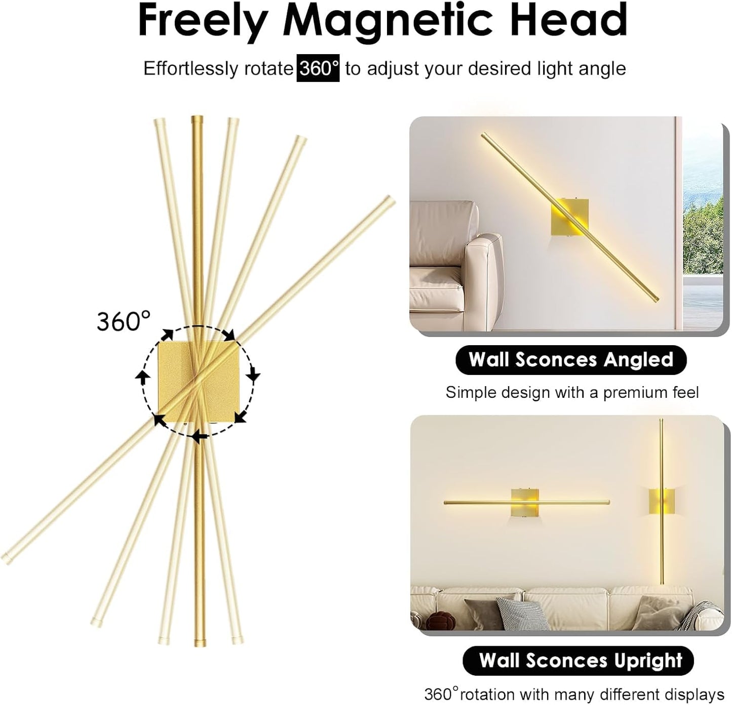 15800 mAh Battery Operated Wall Sconce with Remote Control Dimmable Wall Sconce Set of Two 3000K LED Brass Gold