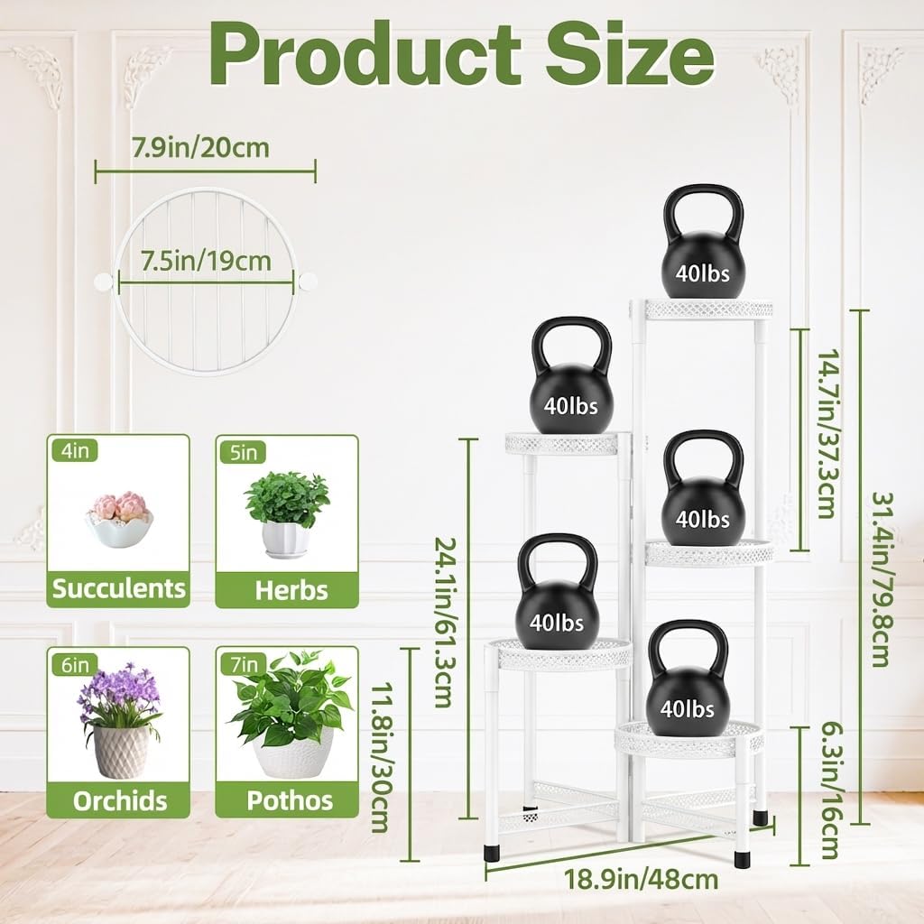 iDavosic.ly Plant Stand Indoor Outdoor, 5 Tier Iron Corner Shelf, White | Tiered Tall Flower Display Holder, Folding
