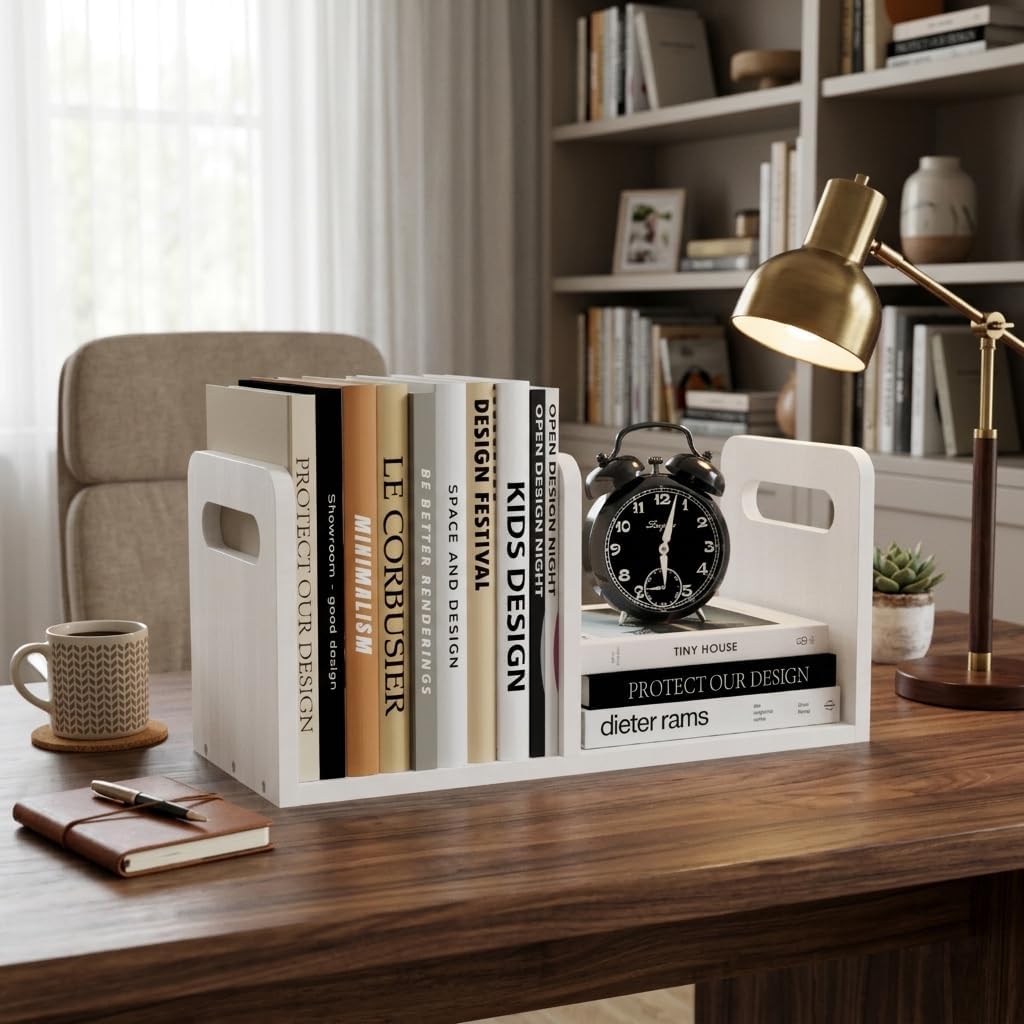100% Solid Wood Adjustable Desktop Bookshelf / White